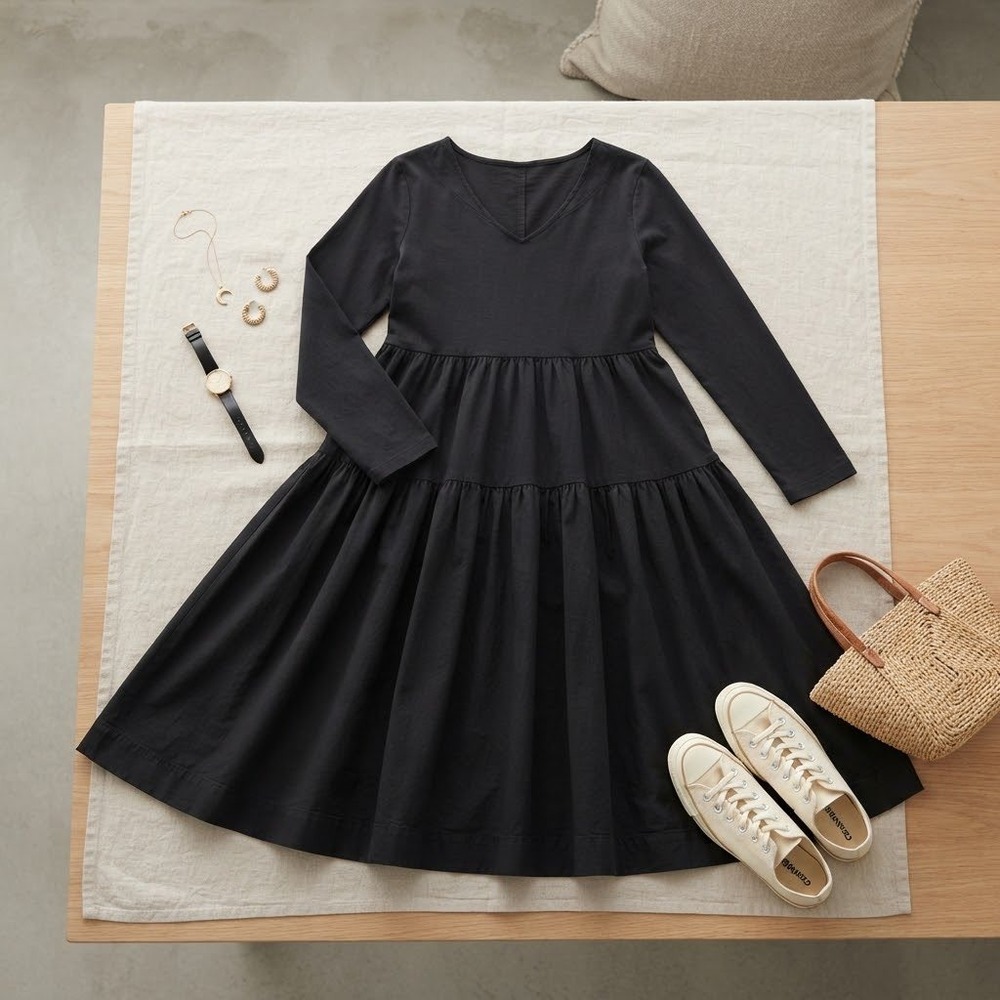 Everlane Riviera Dress Womens L Black Long Sleeve Tiered Midi Minimalist Boho